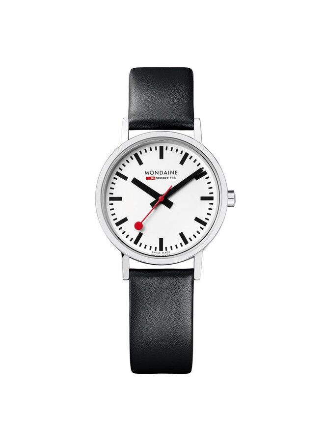 Mondaine Classic horloge - zilverkleurige kast - zwart leren band - 30 mm