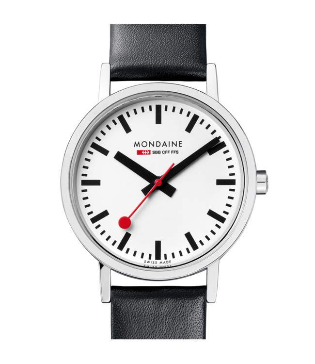 Mondaine Classic horloge - zilverkleurige kast - zwart leren band - 30 mm