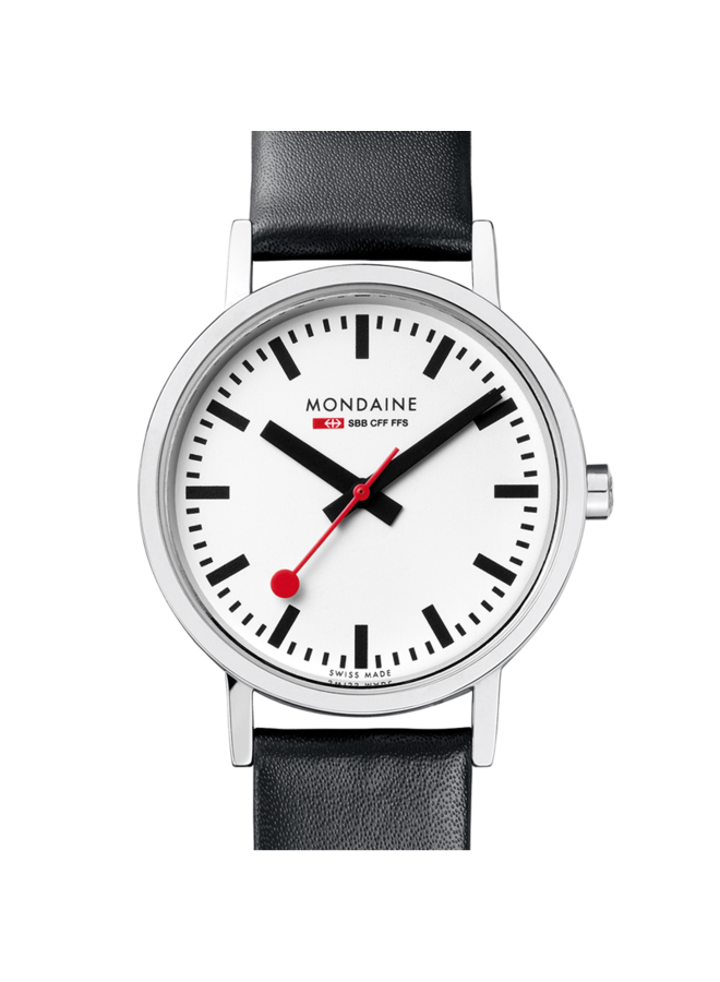 Mondaine Classic horloge - zilverkleurige kast - zwart leren band - 30 mm