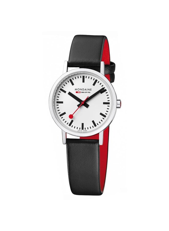 Mondaine Classic horloge - zilverkleurige kast - zwart leren band - 30 mm