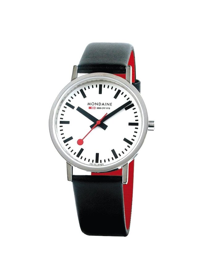 Mondaine Classic horloge - zilverkleurige kast - zwart leren band - 36 mm
