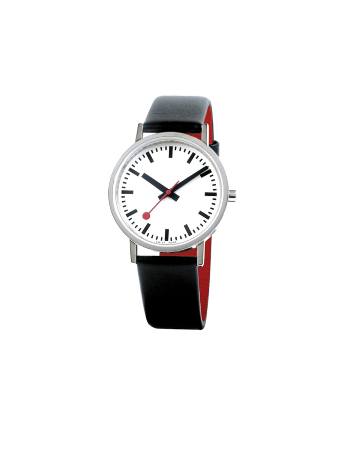 Mondaine Classic Pure horloge - zilverkleurige kast - zwart leren band - 30 mm