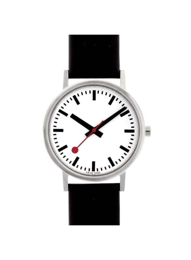 Mondaine Classic Pure horloge - zilverkleurige kast - zwart leren band - 30 mm