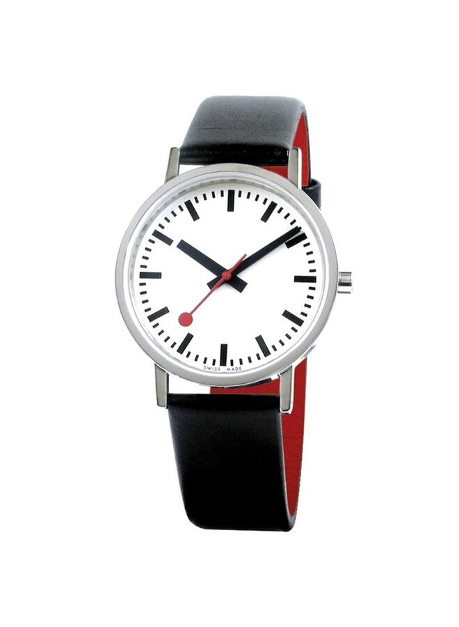 Mondaine Classic Pure horloge - zilverkleurige kast - zwart leren band - 30 mm