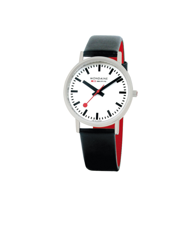 Mondaine Classic horloge - zilverkleurige kast - zwart leren band - 36 mm