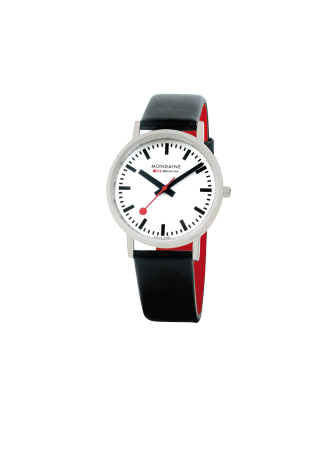 Mondaine Classic horloge - zilverkleurige kast - zwart leren band - 36 mm