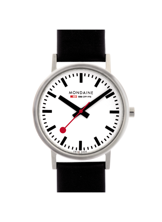 Mondaine Classic horloge - zilverkleurige kast - zwart leren band - 36 mm