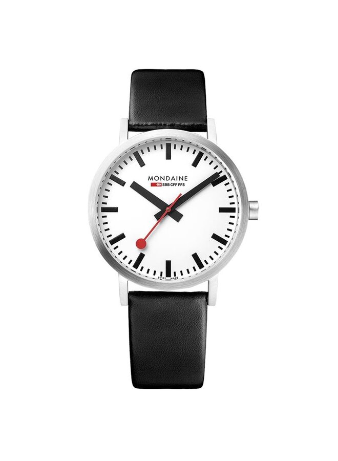 Mondaine Classic horloge - zilverkleurige kast - zwart leren band - 36 mm