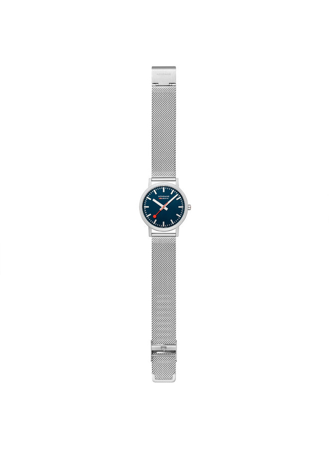 Mondaine Classic horloge - zilverkleurige kast - zilverkleurige mesh band - 36 mm