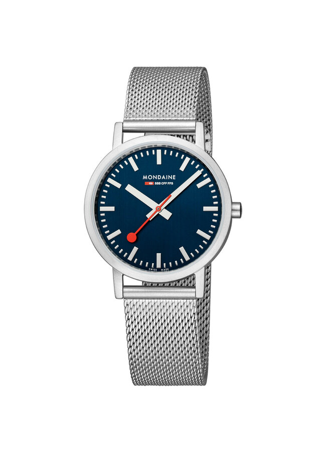 Mondaine Classic horloge - zilverkleurige kast - zilverkleurige mesh band - 36 mm