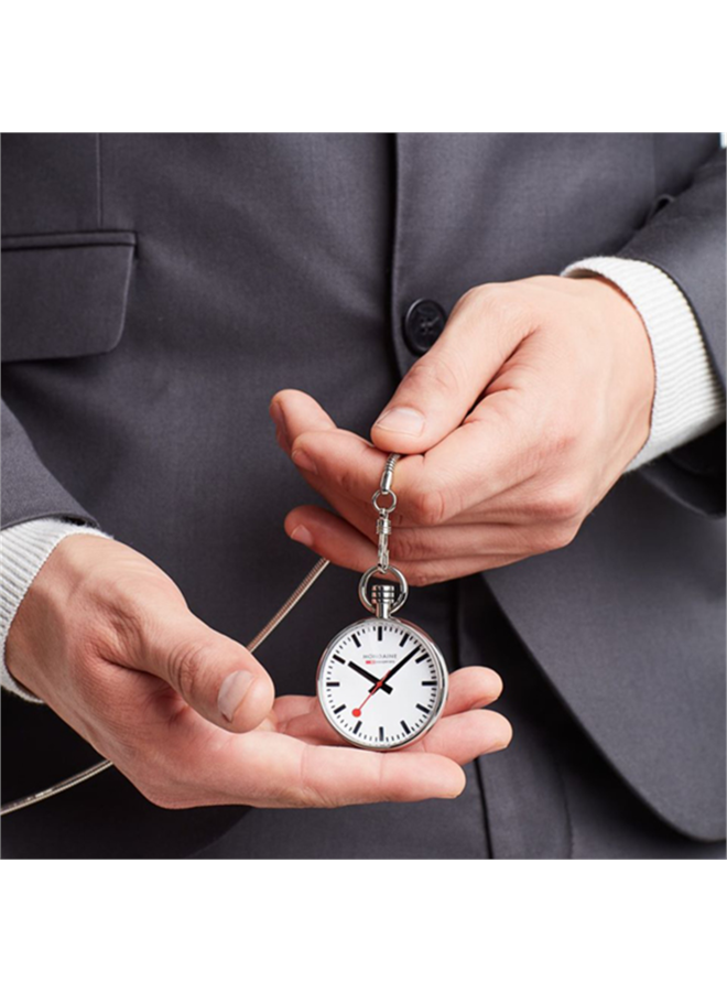 Mondaine Evo Pocket zakhorloge - zilverkleurige kast - witte wijzerplaat - 43 mm