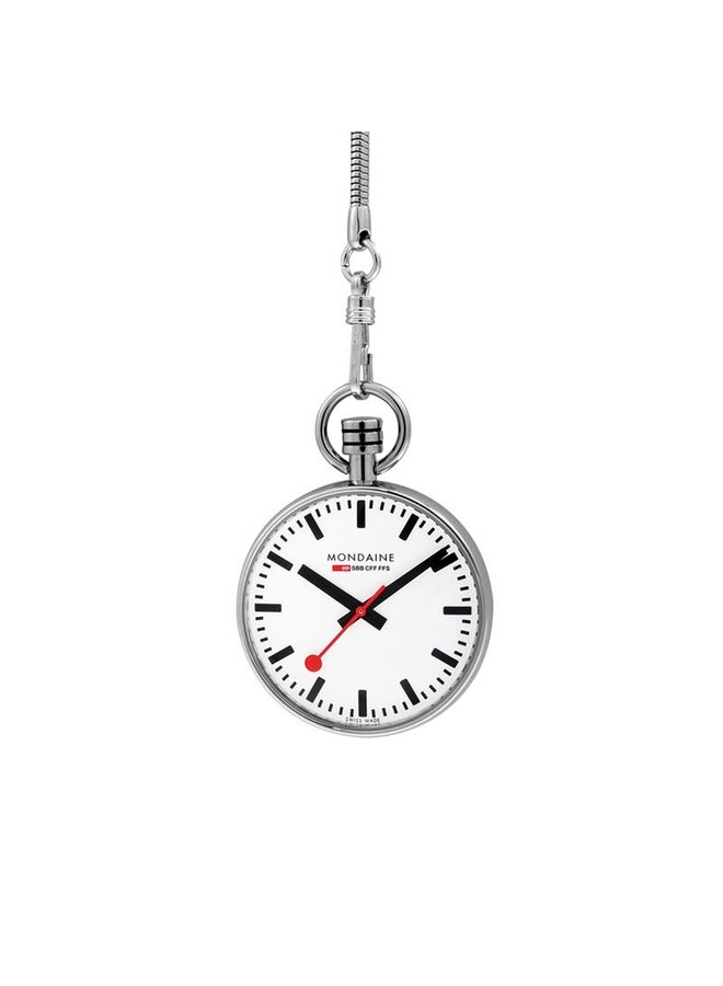 Mondaine Evo Pocket zakhorloge - zilverkleurige kast - witte wijzerplaat - 43 mm