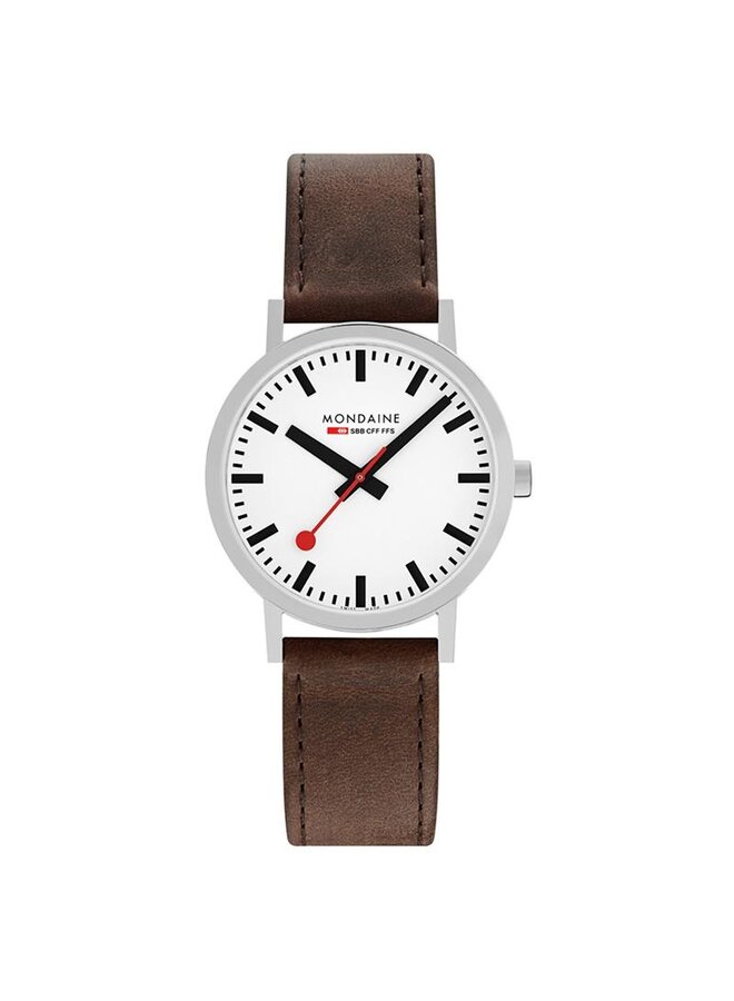 Mondaine Classic horloge - zilverkleurige kast - bruin leren band - 40 mm