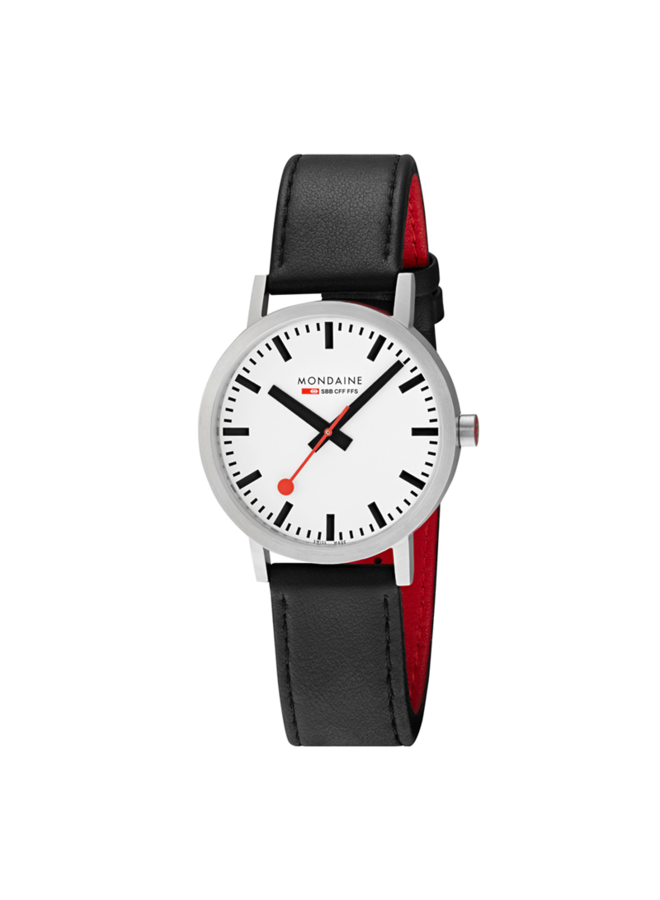 Mondaine Classic horloge - zilverkleurige kast - zwart leren band - 40 mm