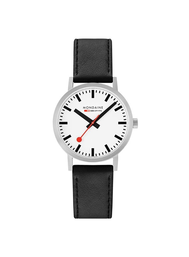 Mondaine Classic horloge - zilverkleurige kast - zwart leren band - 40 mm