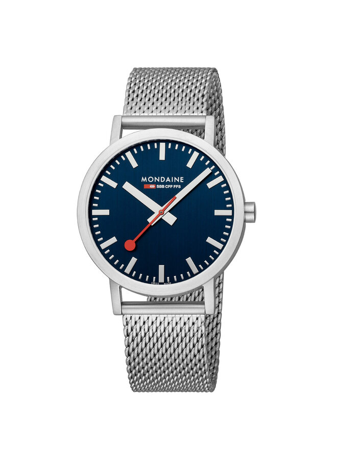 Mondaine Classic horloge - zilverkleurige kast - zilverkleurige mesh band - 40 mm