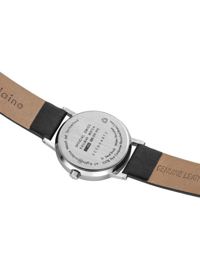 Mondaine Classic horloge - zilverkleurige kast - zwart leren band - 36 mm