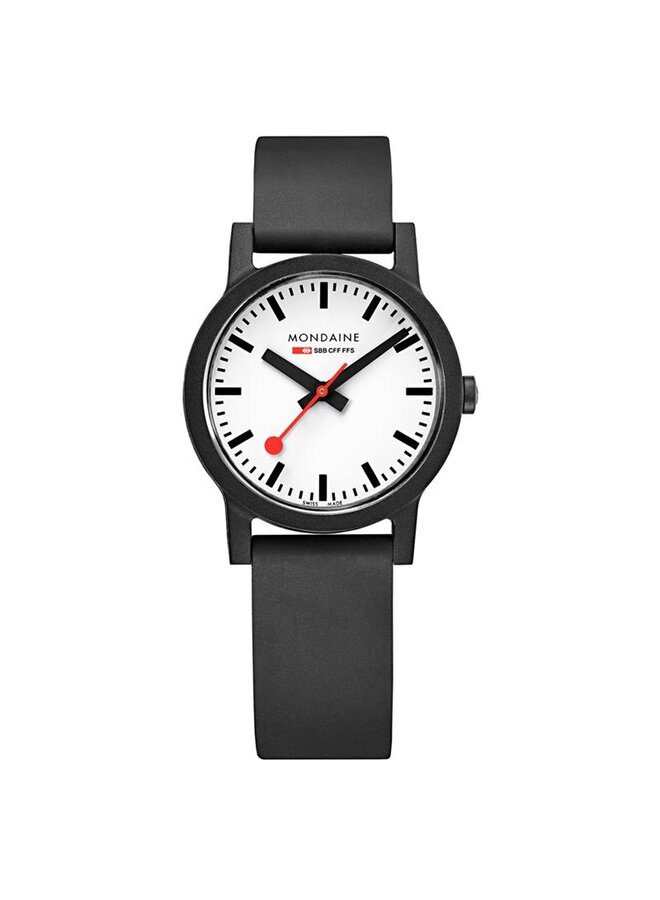 Mondaine Essence horloge - zwarte kast - zwart rubberen band - 32 mm