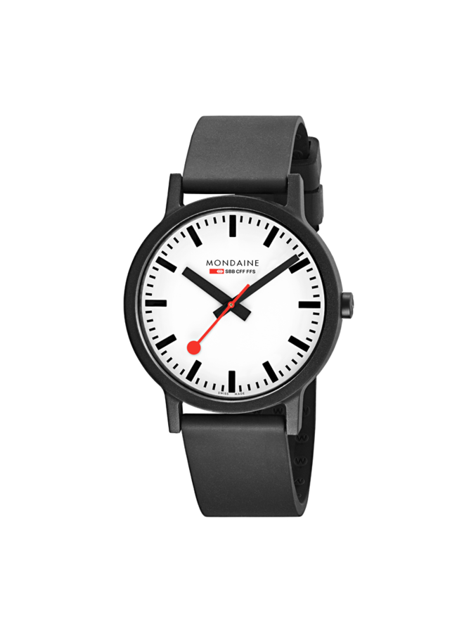 Mondaine Essence horloge - zwarte kast - zwart rubberen band - 41 mm