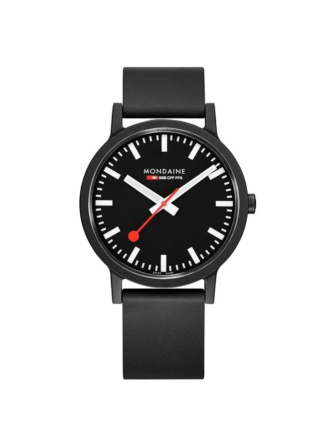 Mondaine Essence horloge - zwarte kast - zwart rubberen band - 41 mm