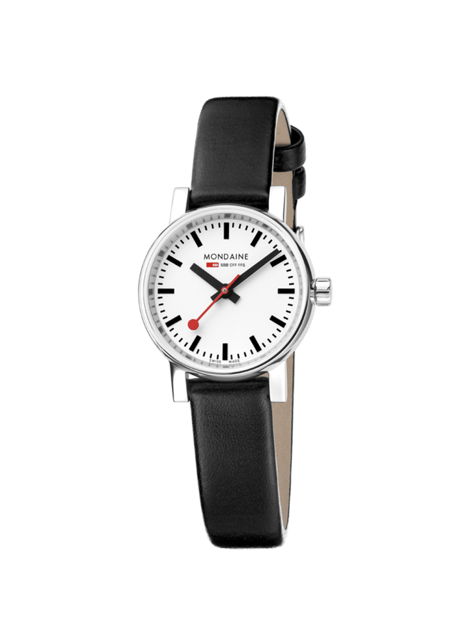 Mondaine Evo2 horloge - zilverkleurige kast - zwart leren band - 26 mm