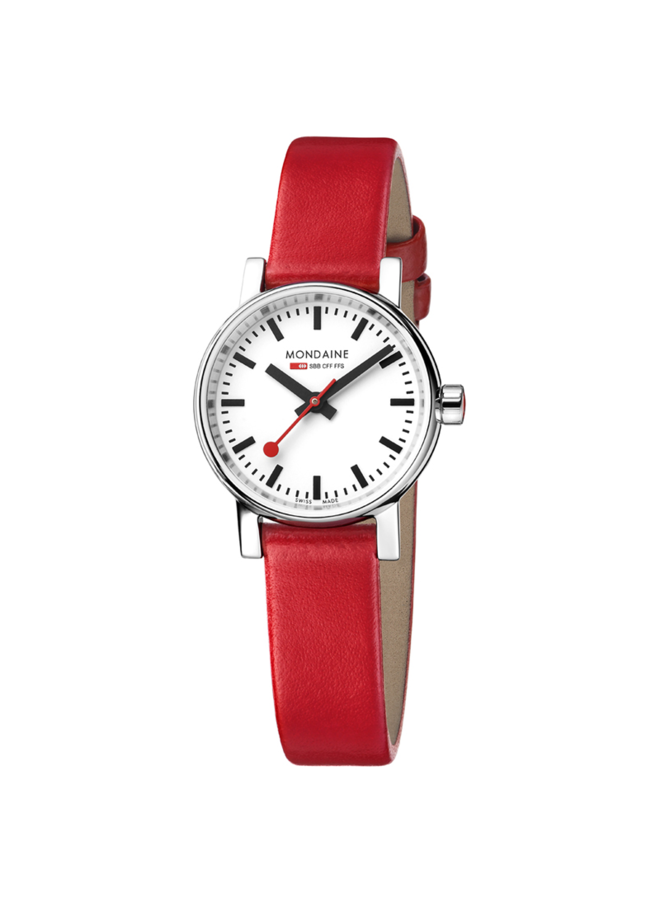 Mondaine Evo2 horloge - zilverkleurige kast - rood leren band - 26 mm