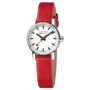 Mondaine Evo2 horloge - zilverkleurige kast - rood leren band - 26 mm