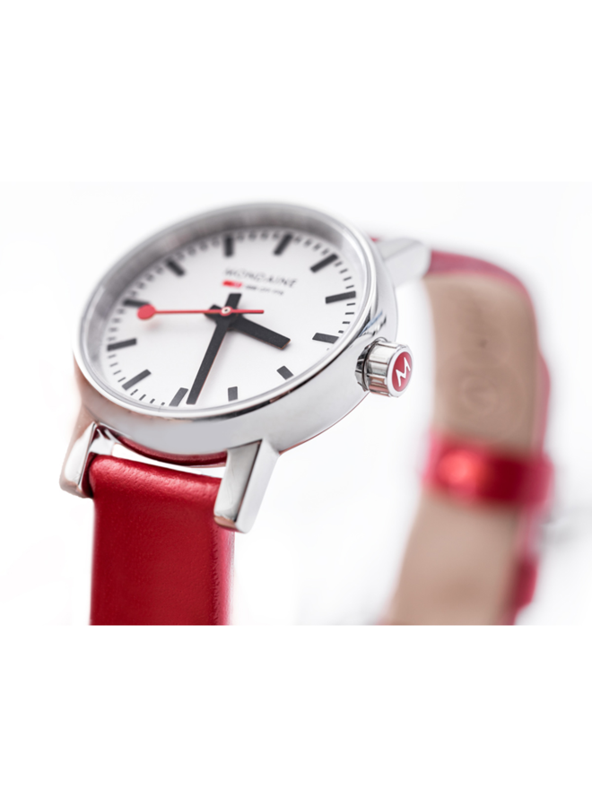 Mondaine Evo2 horloge - zilverkleurige kast - rood leren band - 26 mm