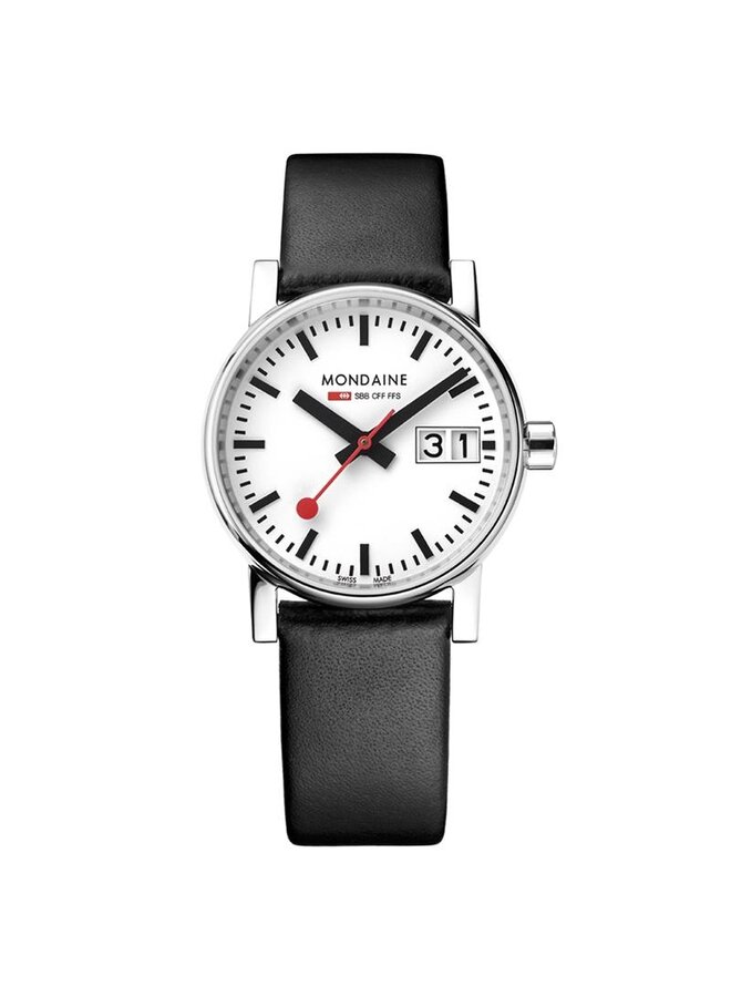 Mondaine Evo2 horloge - zilverkleurige kast - zwart leren band - 30 mm
