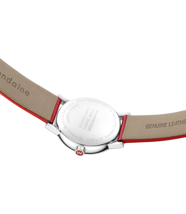 Mondaine Evo2 horloge - zilverkleurige kast - rood leren band - 35 mm