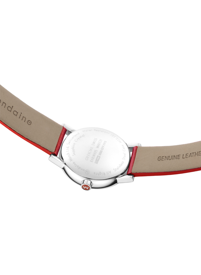 Mondaine Evo2 horloge - zilverkleurige kast - rood leren band - 35 mm