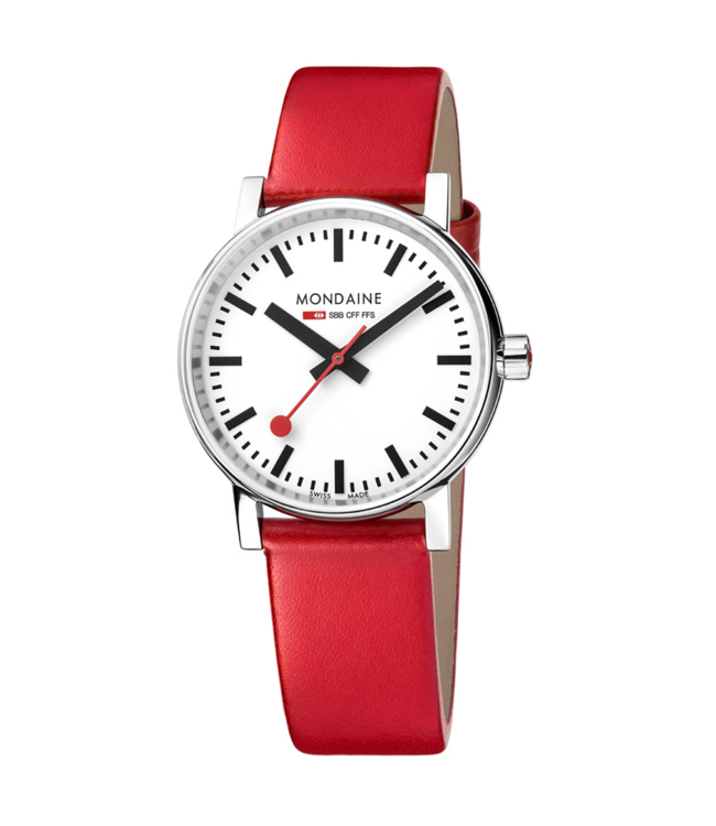 Mondaine Evo2 horloge - zilverkleurige kast - rood leren band - 35 mm