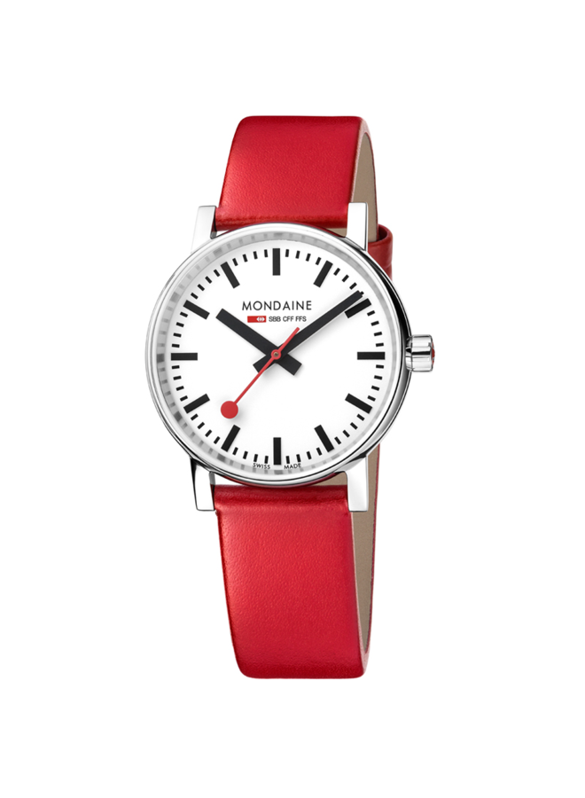 Mondaine Evo2 horloge - zilverkleurige kast - rood leren band - 35 mm