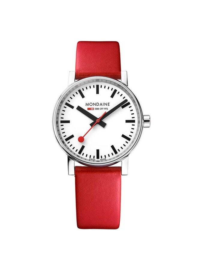 Mondaine Evo2 horloge - zilverkleurige kast - rood leren band - 35 mm