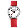 Mondaine Evo2 horloge - zilverkleurige kast - rood leren band - 35 mm