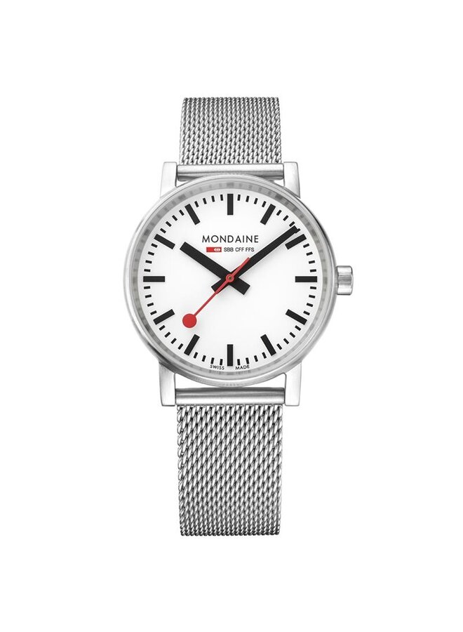 Mondaine Evo2 horloge - zilverkleurige kast - zilverkleurige mesh band - 35 mm