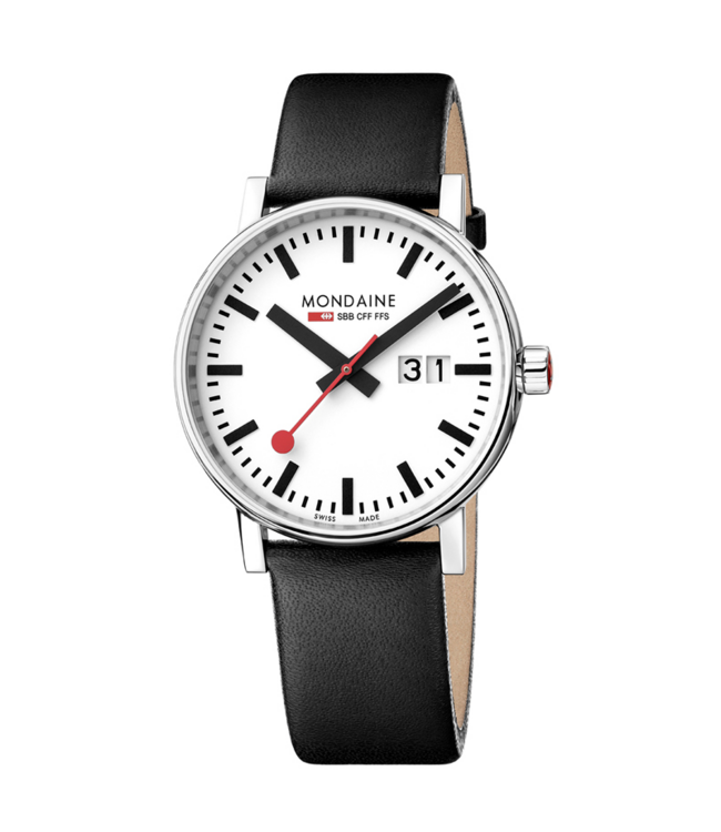 Mondaine Evo2 horloge - zilverkleurige kast - zwart leren band - 40 mm