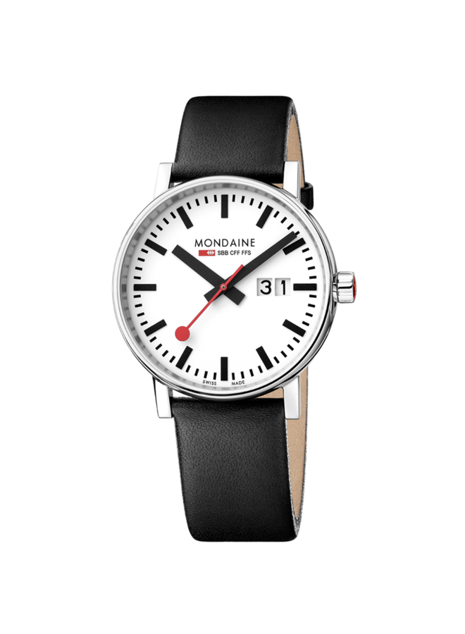 Mondaine Evo2 horloge - zilverkleurige kast - zwart leren band - 40 mm