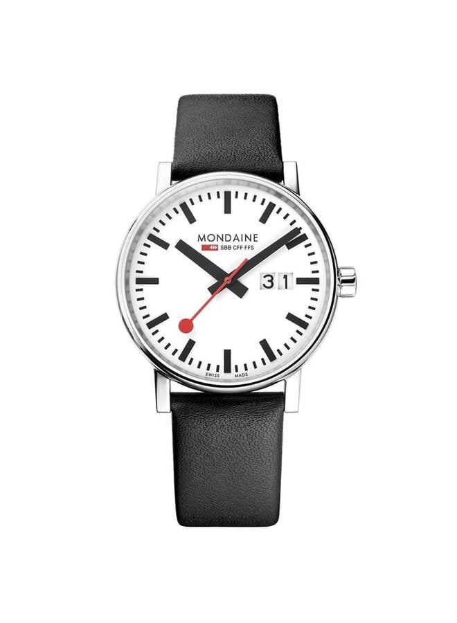 Mondaine Evo2 horloge - zilverkleurige kast - zwart leren band - 40 mm