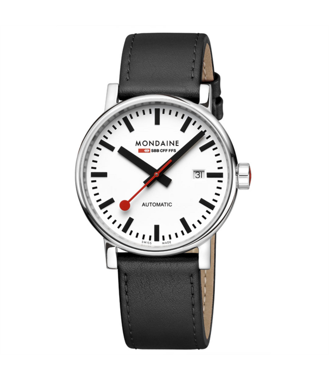 Mondaine Evo2 horloge - zilverkleurige kast - zwart leren band - 40 mm