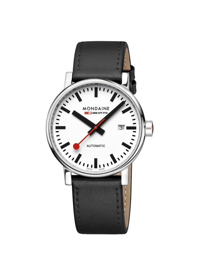 Mondaine Evo2 horloge - zilverkleurige kast - zwart leren band - 40 mm
