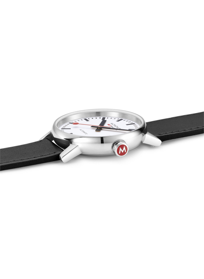 Mondaine Evo2 horloge - zilverkleurige kast - zwart leren band - 40 mm