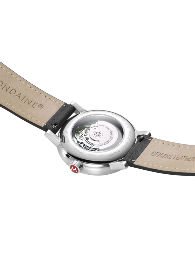 Mondaine Evo2 horloge - zilverkleurige kast - zwart leren band - 40 mm