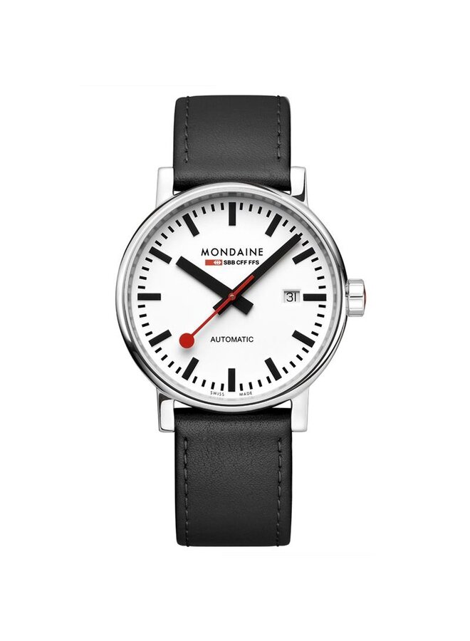 Mondaine Evo2 horloge - zilverkleurige kast - zwart leren band - 40 mm