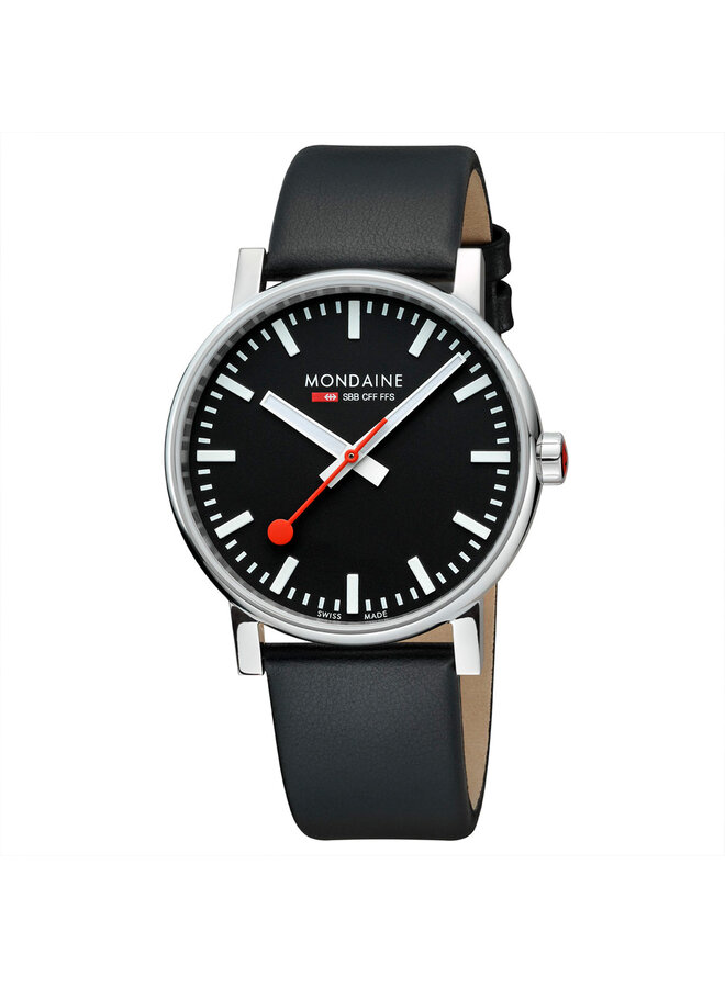 Mondaine Evo2 horloge - zilverkleurige kast - zwart leren band - 43 mm