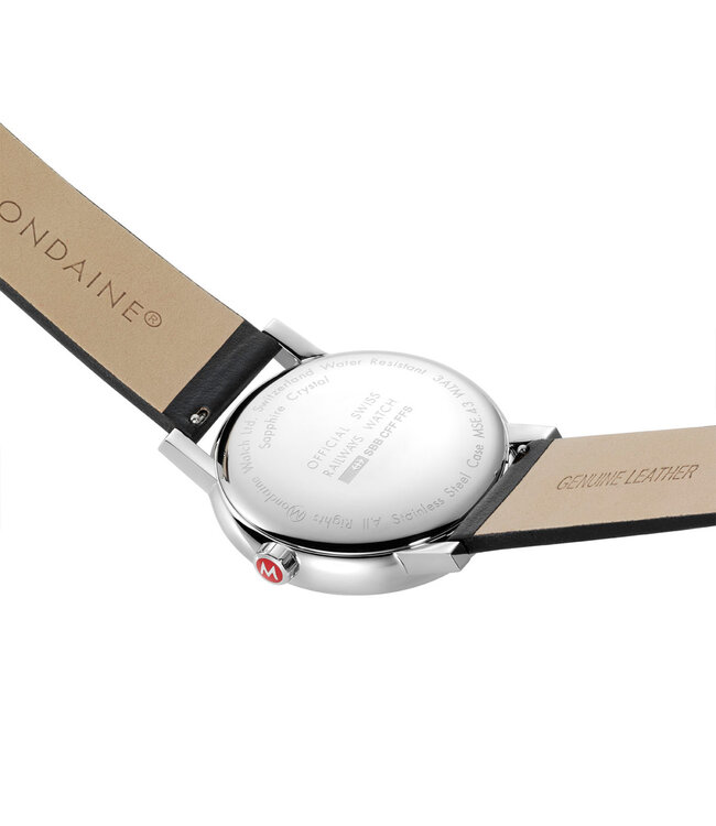 Mondaine Evo2 horloge - zilverkleurige kast - zwart leren band - 43 mm