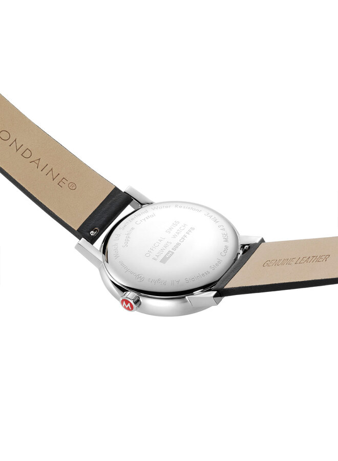 Mondaine Evo2 horloge - zilverkleurige kast - zwart leren band - 43 mm