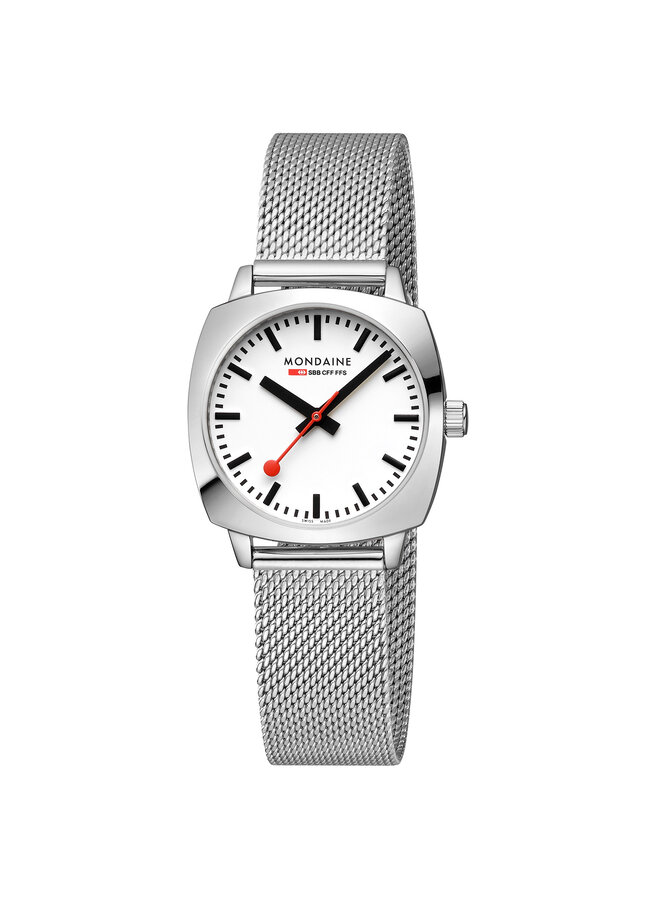 Mondaine Petite Cushion horloge - zilverkleurige kast - zilverkleurige mesh band - 31 x 36.5 mm