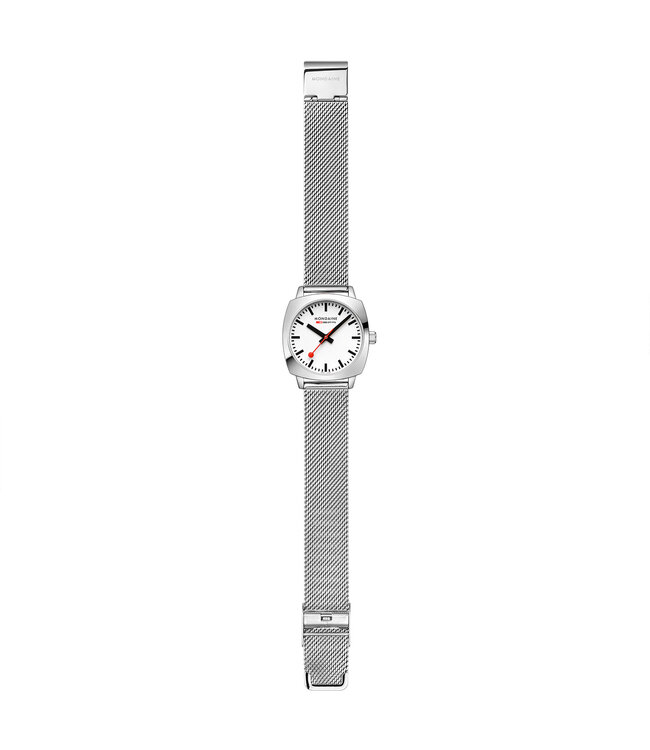 Mondaine Petite Cushion horloge - zilverkleurige kast - zilverkleurige mesh band - 31 x 36.5 mm