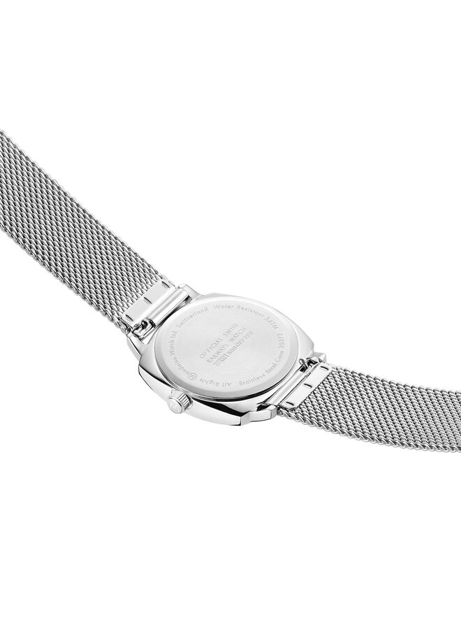 Mondaine Petite Cushion horloge - zilverkleurige kast - zilverkleurige mesh band - 31 x 36.5 mm